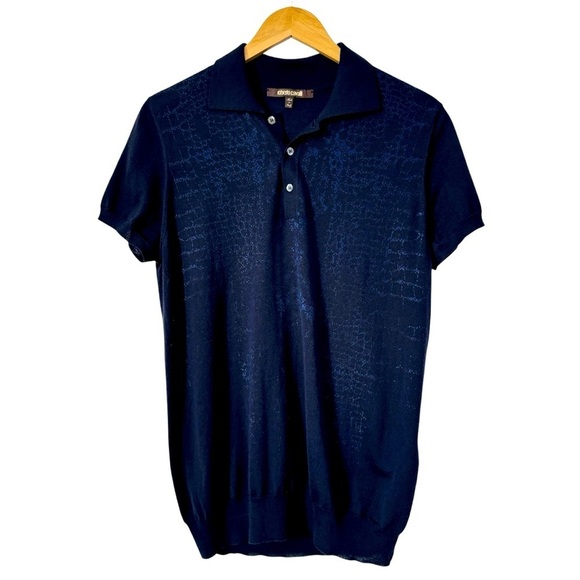 Roberto Cavalli Polo Shirt 100% Wool Knit Navy Blue Snake Print Mens Medium - Picture 4 of 13